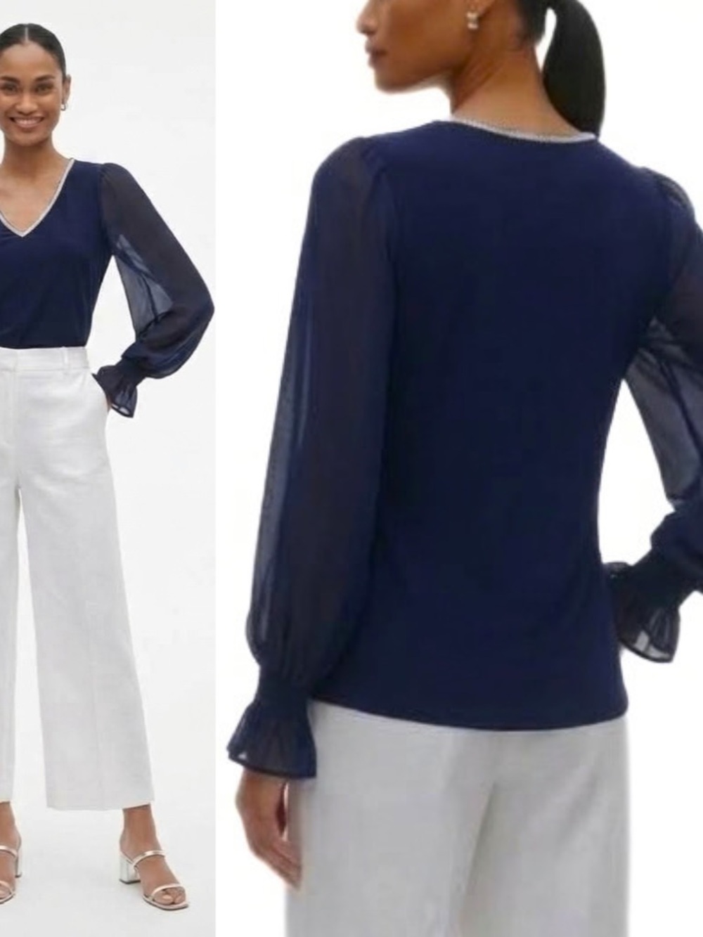 NWT Vince Camuto Navy V-Neck Sheer Long-Sleeve Blouse Rhinestone Size XS